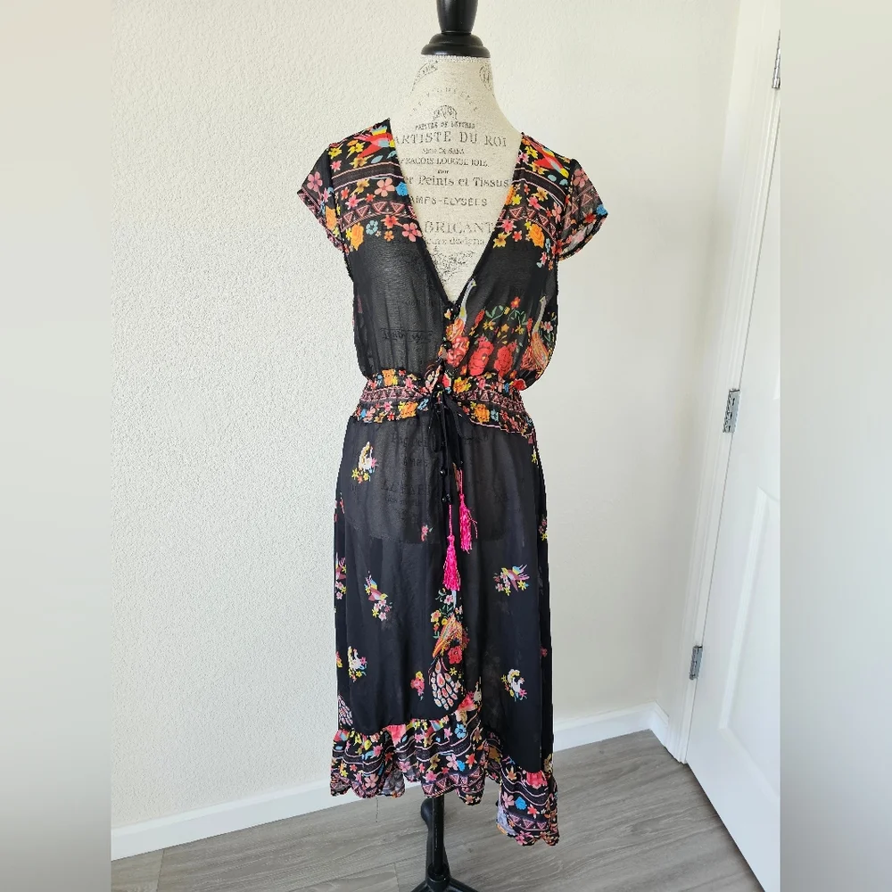 Floral Black Sheer Swim Coverup Dress With Flower And Bird Print One Size